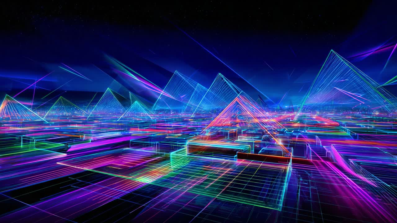 A Mesmerizing Digital Landscape of Vibrant Neon Structures: Experience the Stunning Fusion of Technology and Art as Geometric Shapes Emerge in a Hypnotic Glow of Colorful Light Trails