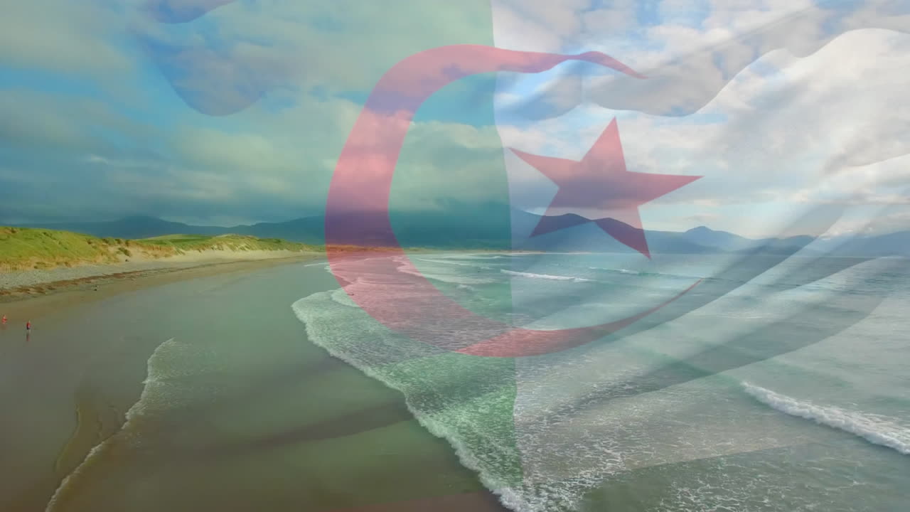 animación de la bandera de argelia ondeando sobre el paisaje de la playa