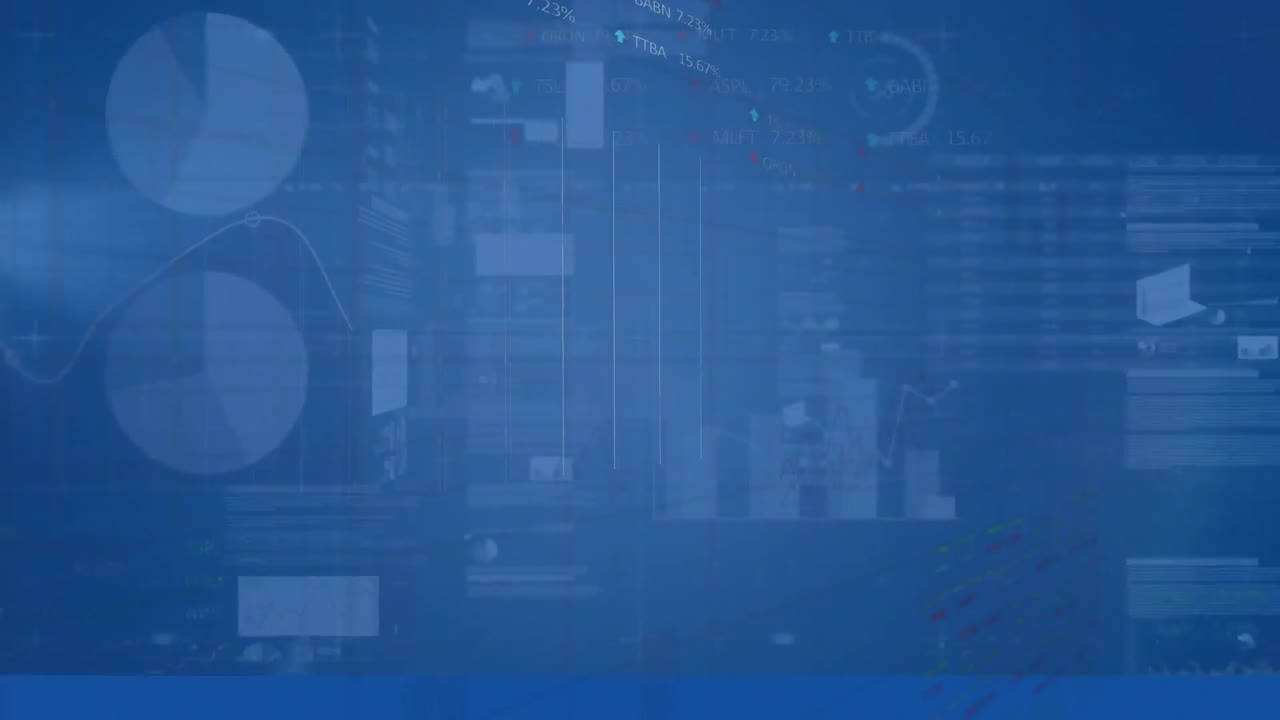 Animation of screens with statistical and stock market data processing against blue background