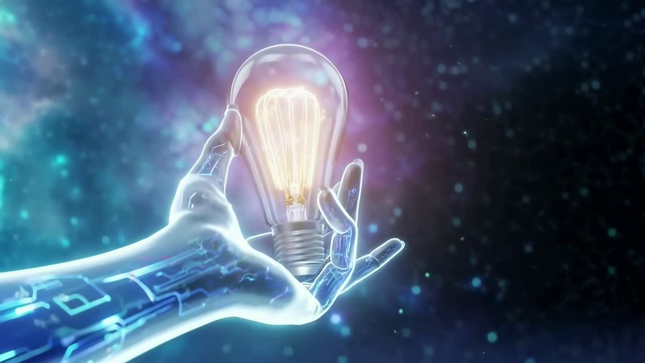 Concept video futuristico con un'inquadratura ravvicinata di una mano robotica che tiene una lampadina luminosa.