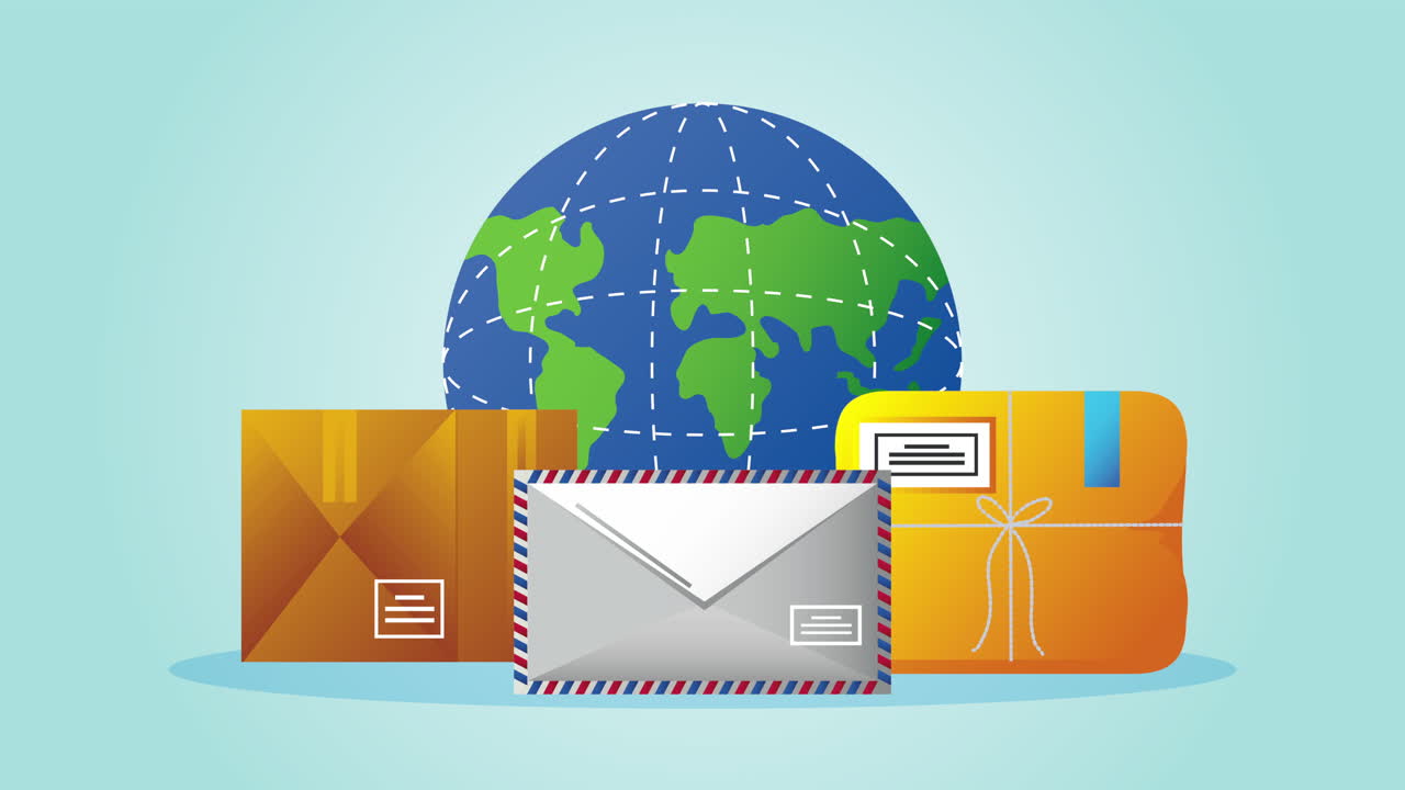 animazione del servizio postale con il pianeta terra e le buste