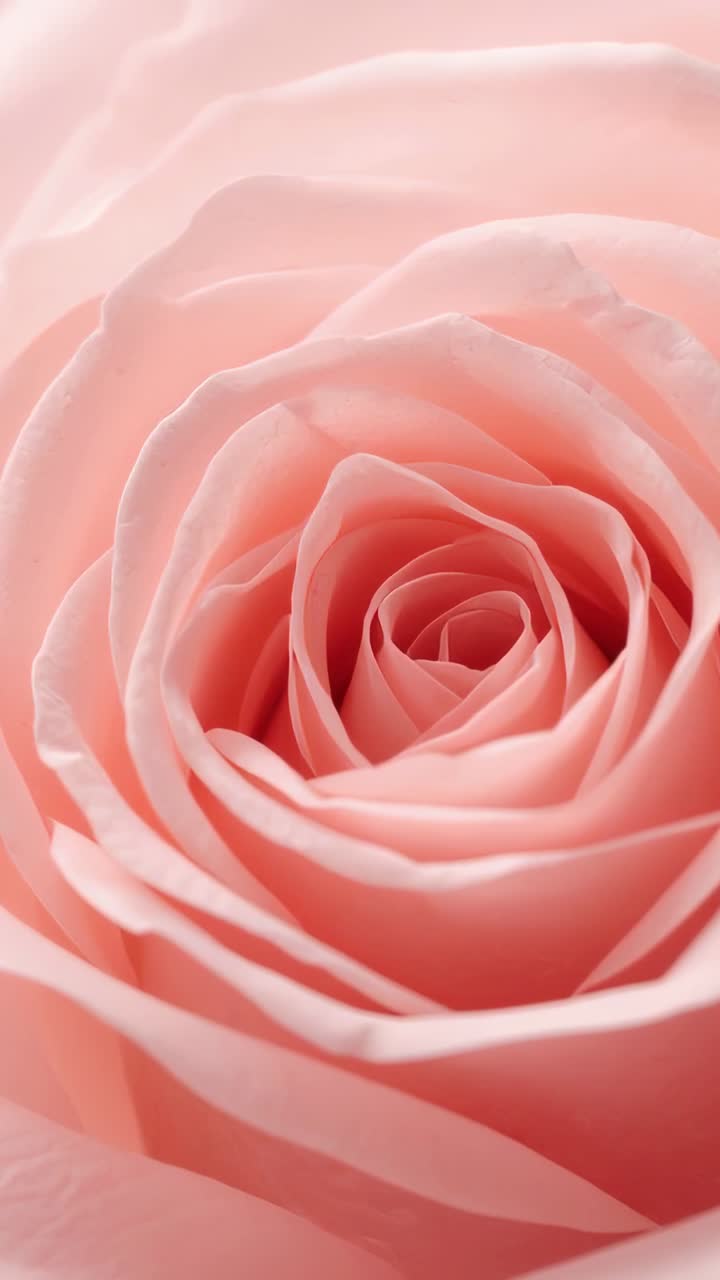 Video verticale: apertura dell'obiettivo che mette a fuoco una rosa rosa pallido in fiore in studio, analizzando la consistenza dei petali