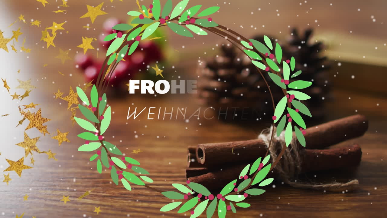 animación del texto frohe weihnachten sobre las decoraciones navideñas sobre fondo de madera