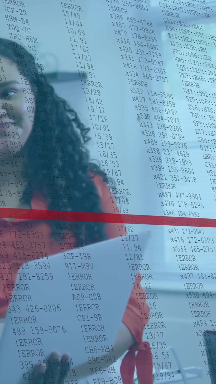 Woman walking with laptop and papers showing docs for business data overlay appearing with red line