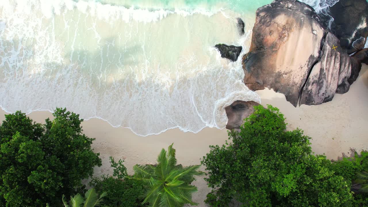 Bird eye drone shot of white sandy beach, large granite stone, coconut palm trees and waves crashing on the shore, Mahe Seychelles 60 fps
