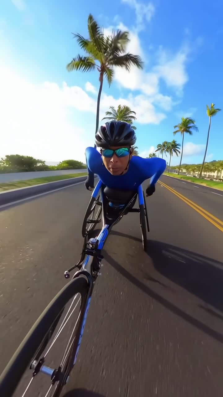 Video dinamico dal basso di un ciclista su una strada soleggiata, che cattura velocità ed energia
