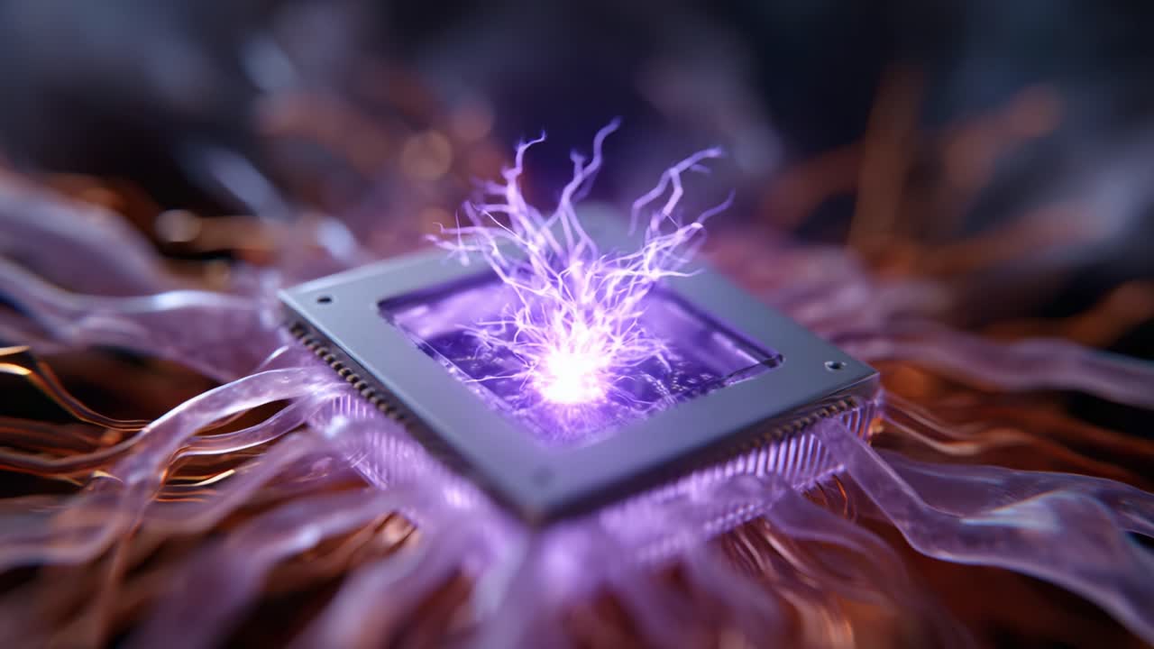 Een moderne microprocessor met elektrische energie die vanuit de kern pulseert, omgeven door pulserende lichtaders en connectiviteit in een hightech omgeving