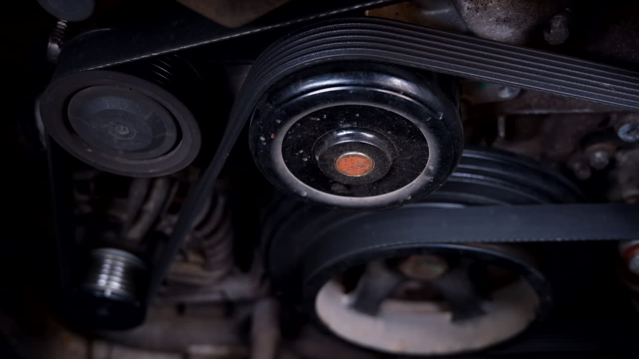 Close up of car belts in the engine bay