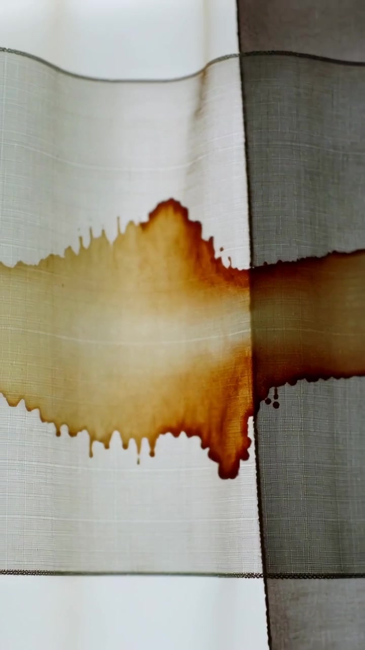 Vertical video: Spreading brown stain on backlit two-panel curtain from seam, soaking and dripping
