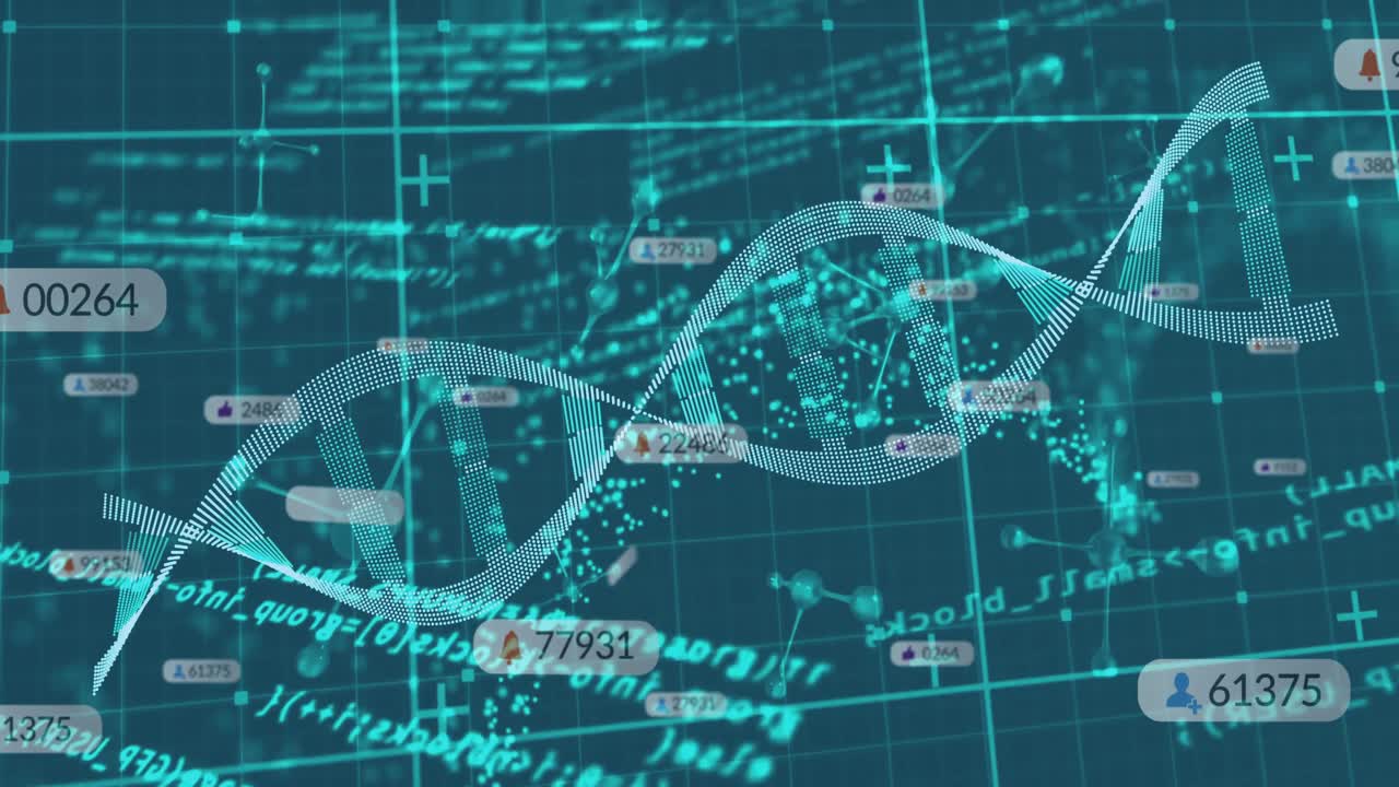 Dotted double helix being animated across 3D grid with floating numeric tags and node clusters