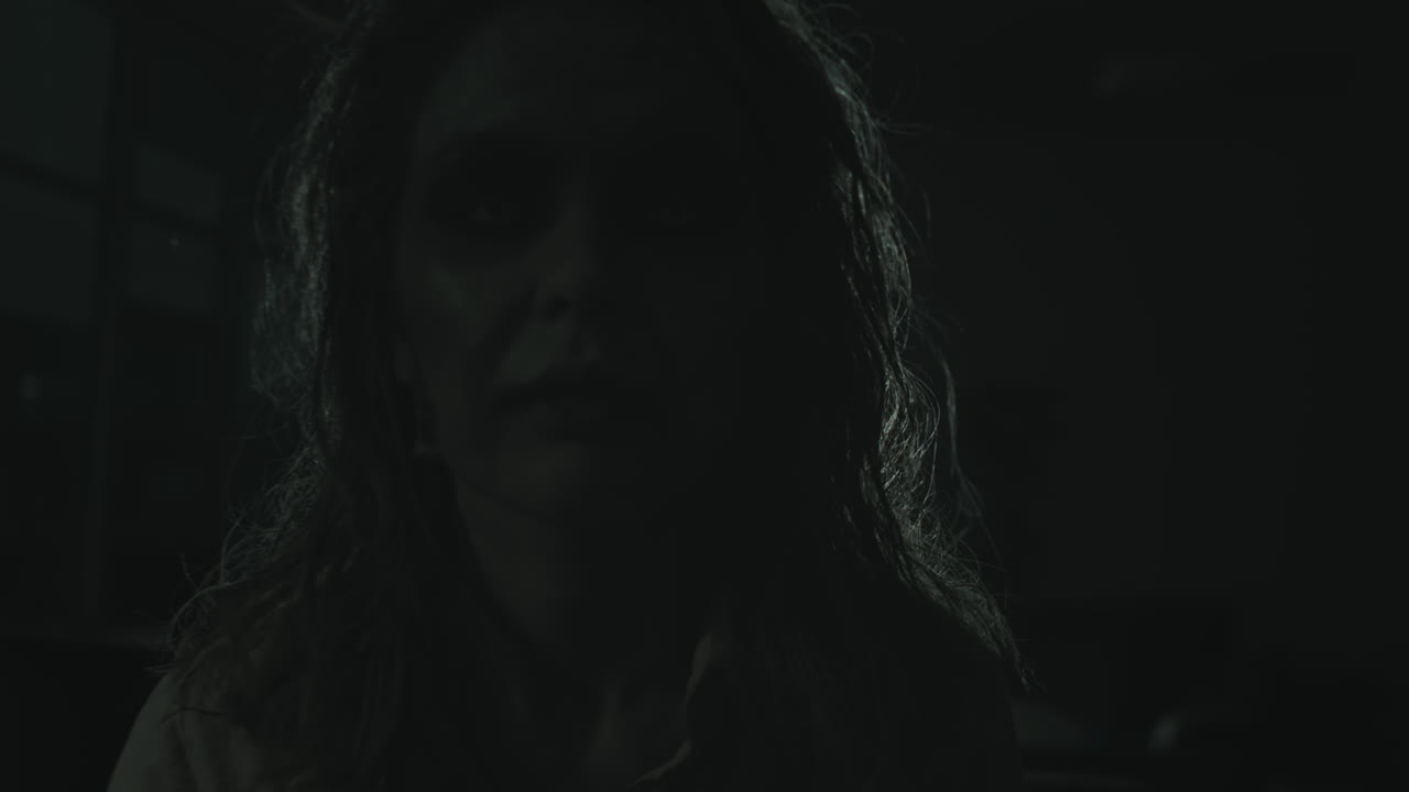 Zombie Woman Walking Towards Camera in Darkness