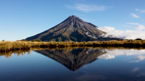 Beautiful-sunset-Timelapse-of-clouds-rolling-around-base-of-Mount-Taranaki