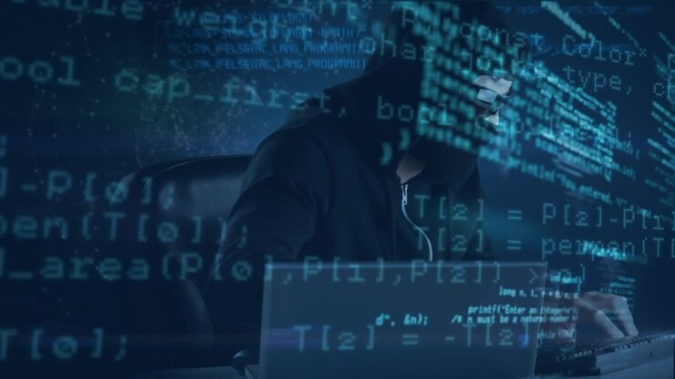 Animation of data processing over caucasian male computer hacker in balaclava using laptop