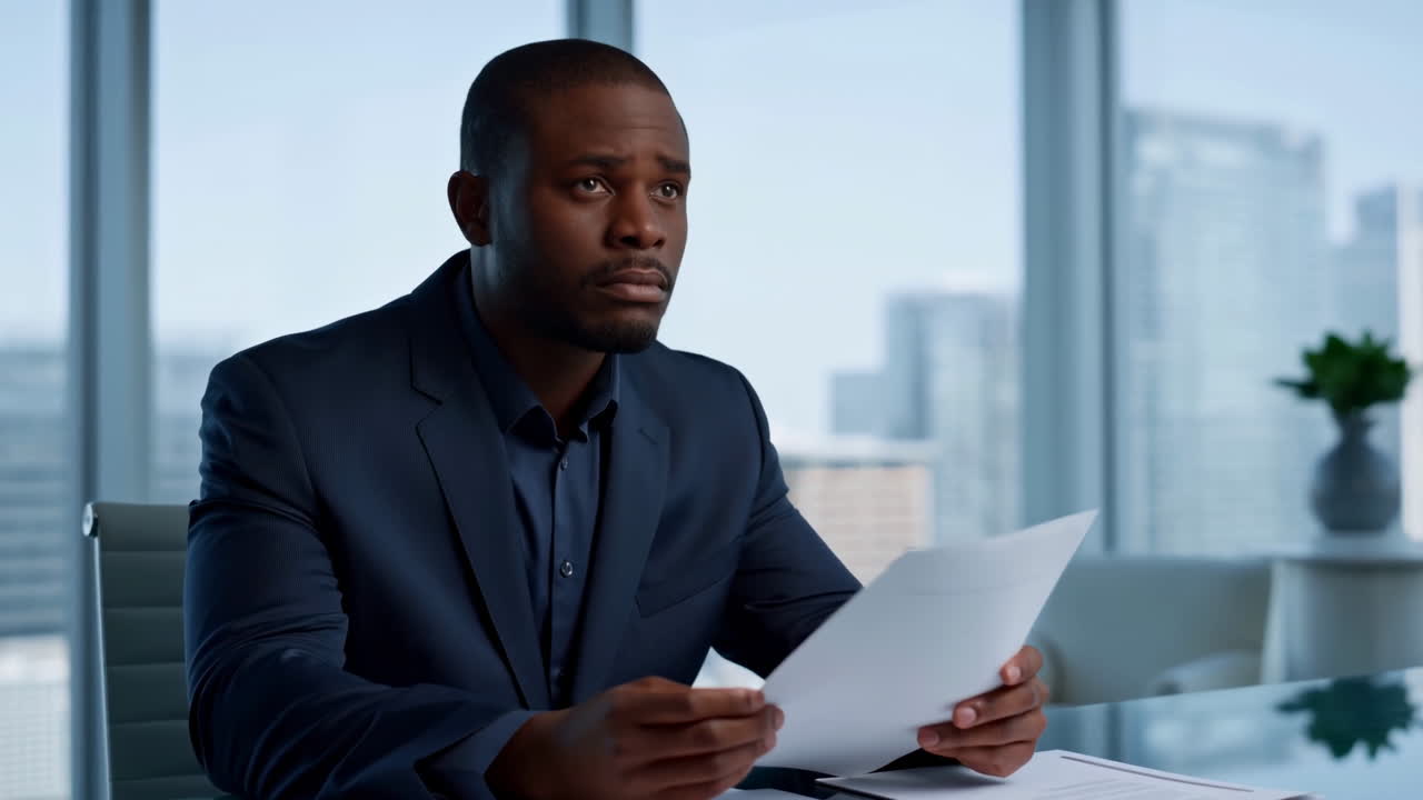 Black Businessman Reviewing Documents At Desk In Modern Highrise Office With City Skyline Visible