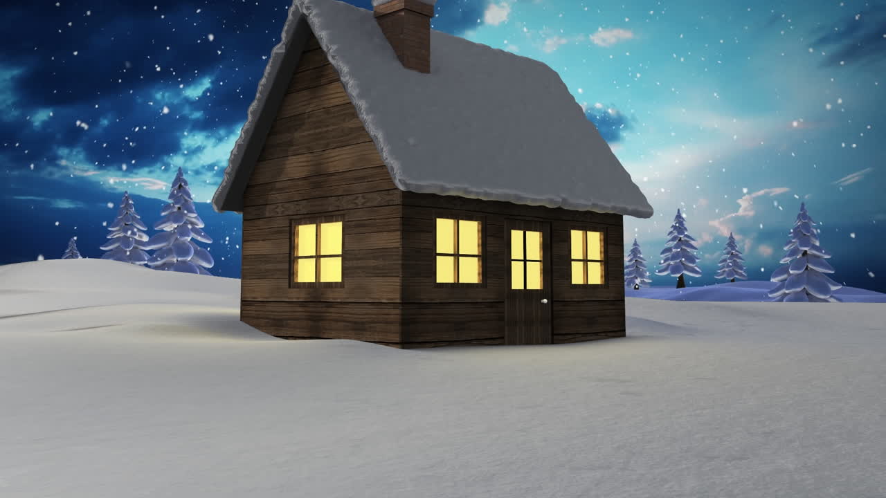 animación de la nieve cayendo sobre la casa en el paisaje de invierno