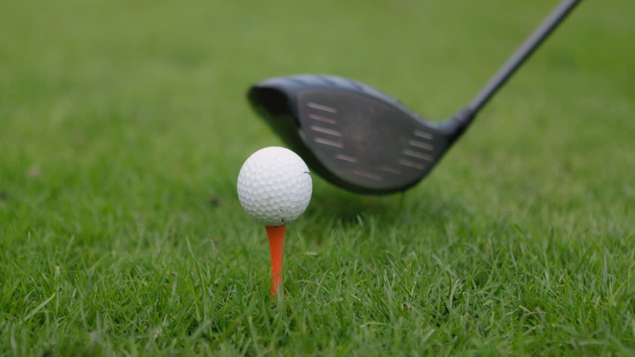Pallina da golf sul tee con driver sull'erba verde
