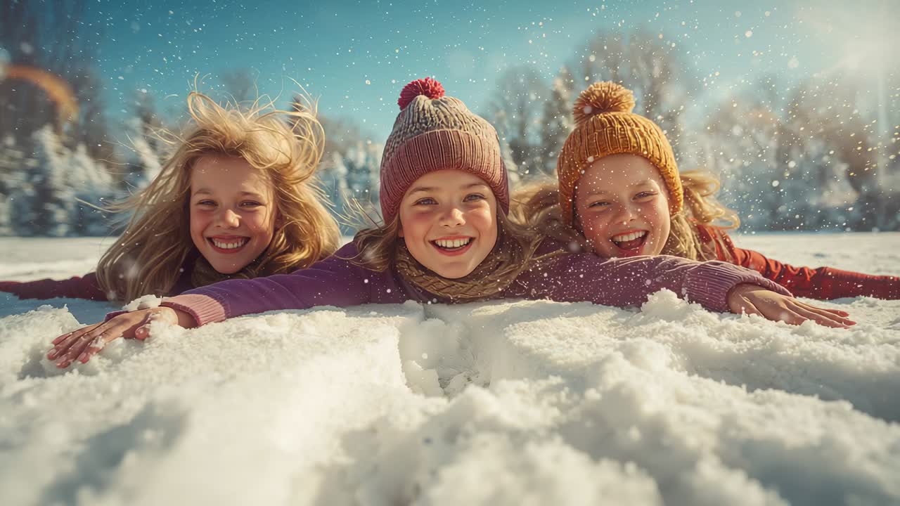 Three children wearing knit hats laughing in snowy field, camera dollying in capturing smiles