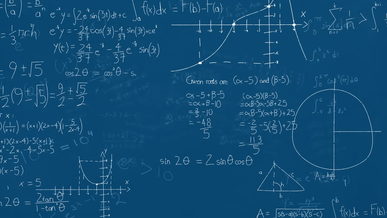 animación de ecuaciones matemáticas y diagramas flotando contra un fondo azul