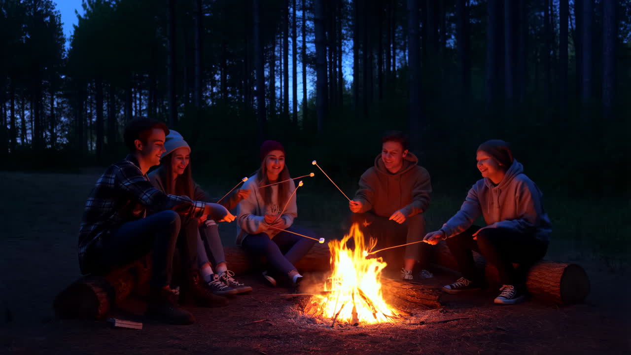 Friends roasting marshmallows around a campfire at night in a forest