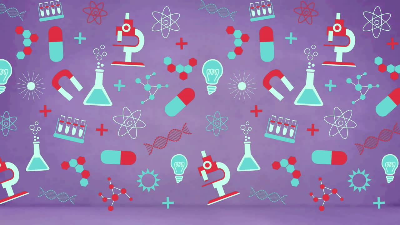 Animation of chemistry icons and symbols on purple background
