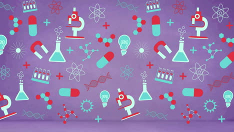 animación de iconos y símbolos de química sobre un fondo púrpura