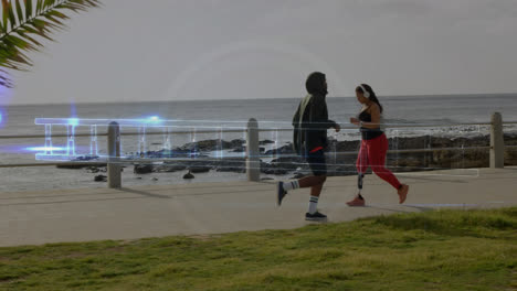 Animation-of-scope-scanning-over-woman-with-artificial-limb-running-by-seaside