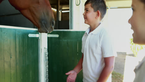kids stroking horse in stable 4k