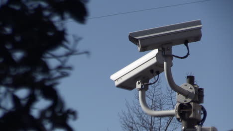 close up of a surveillance camera against blue sky, watching every move