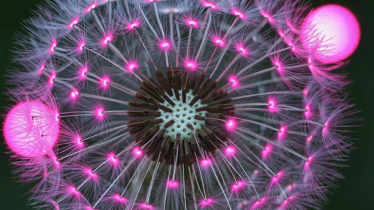 Macro Close-up of a Dandelion Seed Head Illuminated with Pink Light