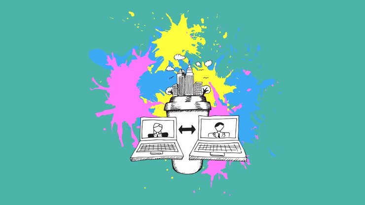 Animation of laptops and city model over blots on blue background