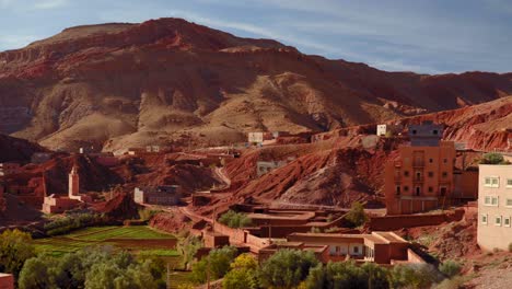 panning shot of city in gorges dades valley in morocco