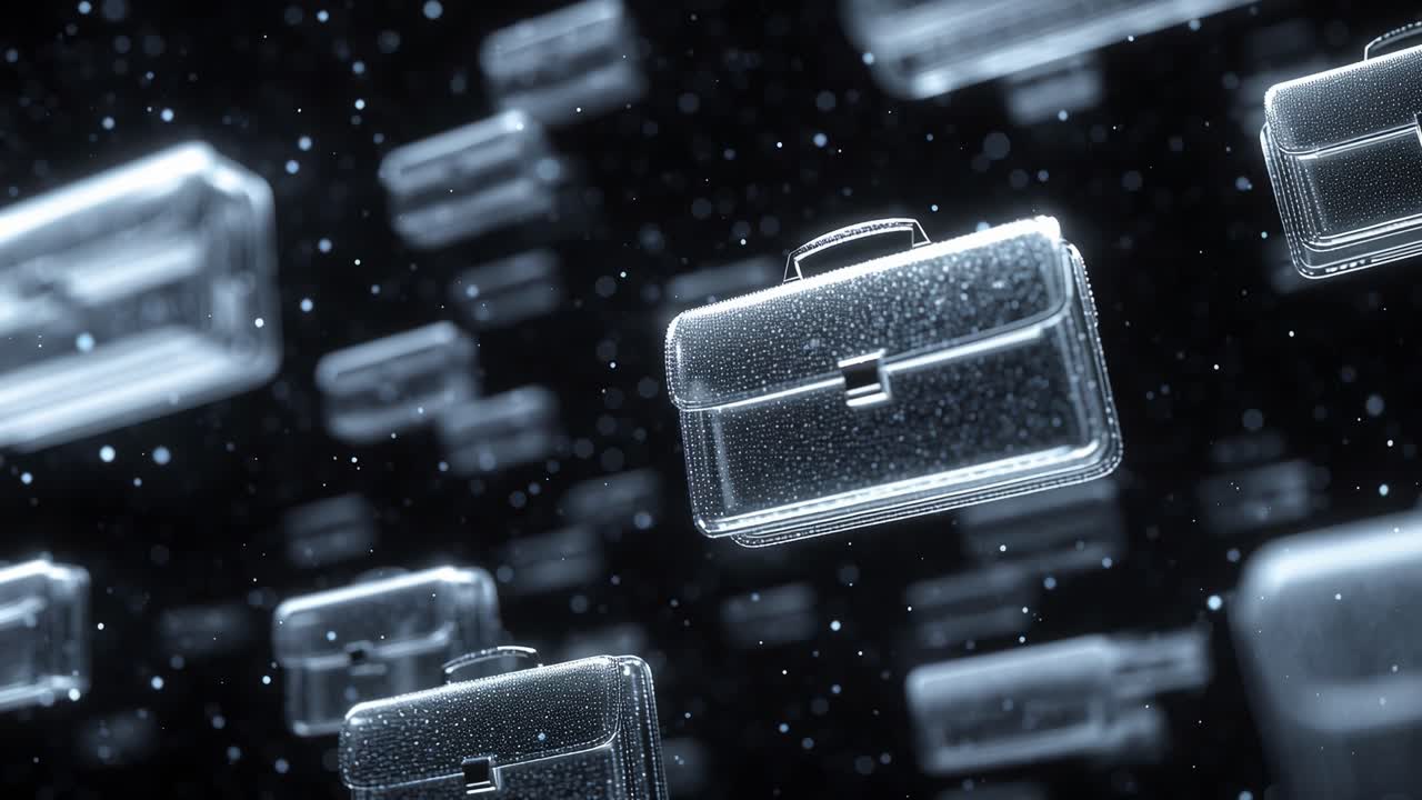 A Mesmerizing Journey Through a Digital Cloud of Briefcases: This Engaging Visual Frames the Concept of Business Mobility and Modern Connectivity, Emphasizing the Importance of Organized Structure in Today's Work Environment