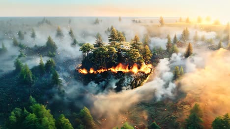 a small island surrounded by trees and a fire. the fire is burning and the island is surrounded by water