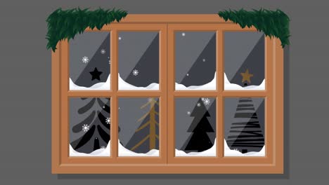 Animation-of-snow-falling-over-christmas-trees-seen-through-window