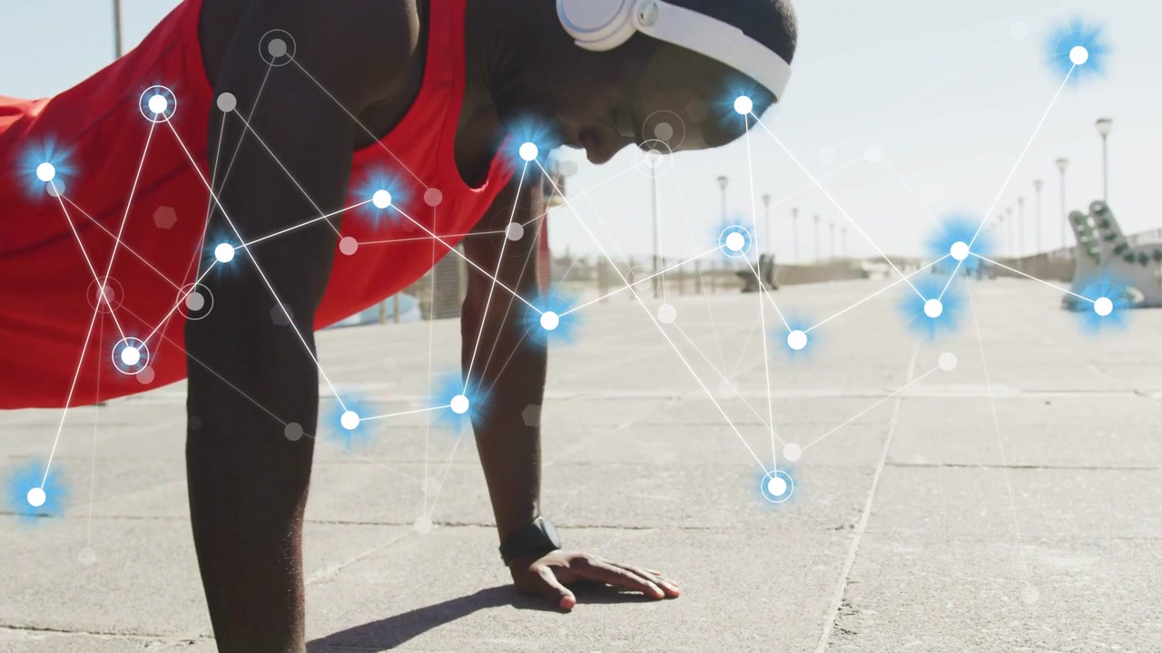 Man doing push-ups on boardwalk, glowing nodes appearing, causing fitness overlay to grow each rep