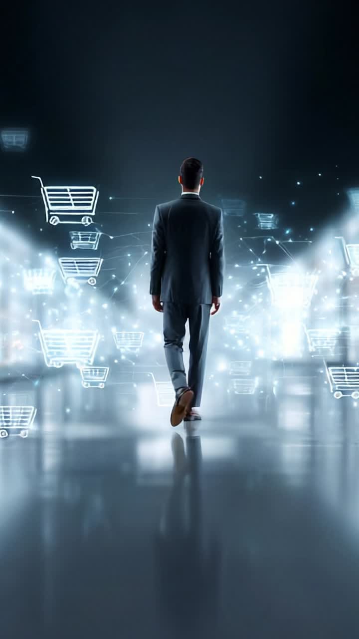 A business professional navigating a digital marketplace, surrounded by glowing shopping carts and data streams, symbolizing the future of e-commerce and technology