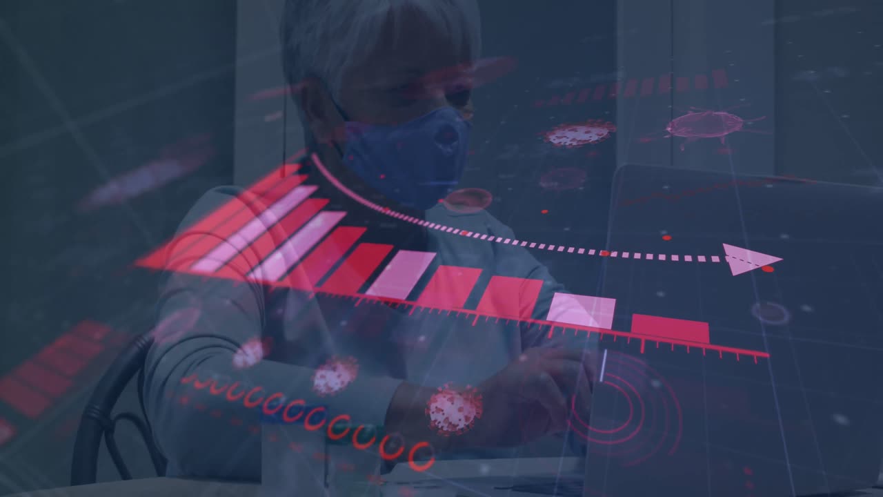 animación de gráfico y células del virus covid 19 sobre mujer con máscara facial usando computadora portátil