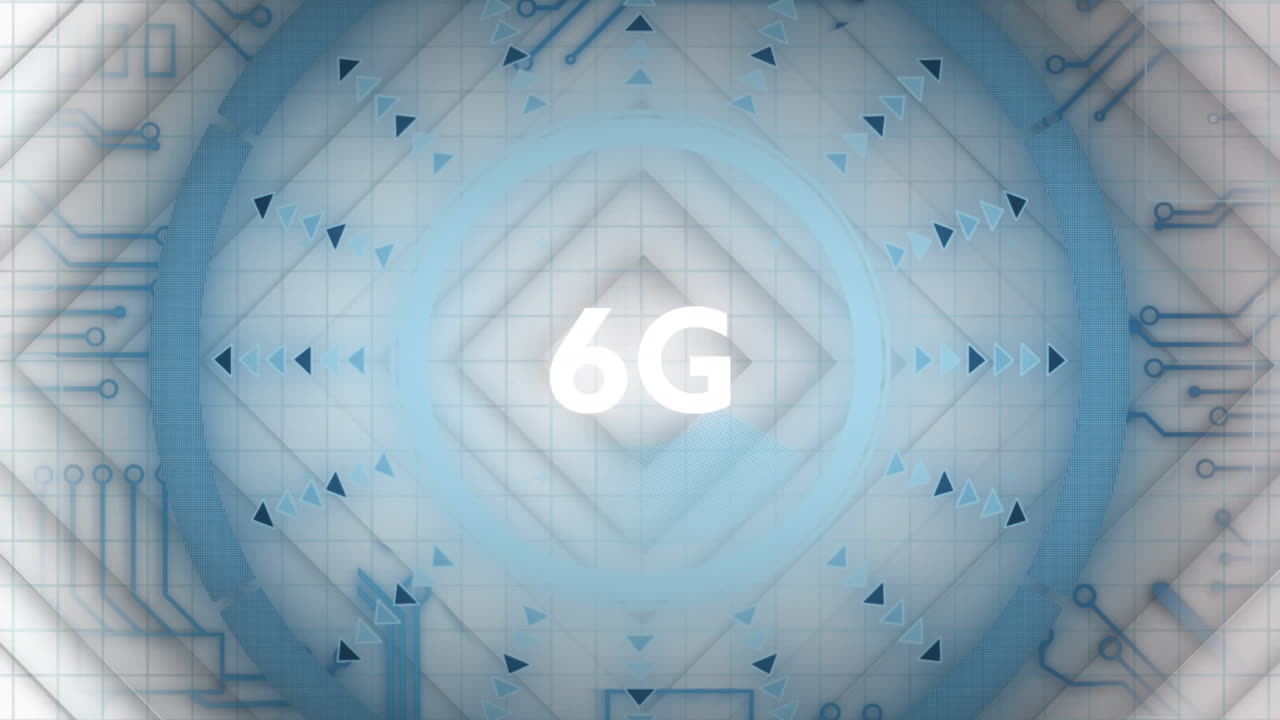 animación de texto de 6 g sobre escaneo de alcance y placa de circuito de computadora