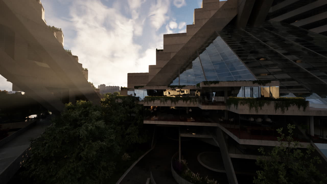 arquitectura futurista: un edificio moderno con vidrio y hormigón