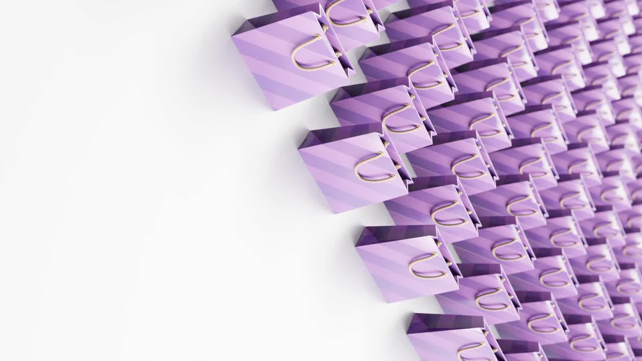 ⁇ 색 배경에 스크롤되는 보라색 쇼핑백의 수직 3d 모션 그래픽 일러스트레이션