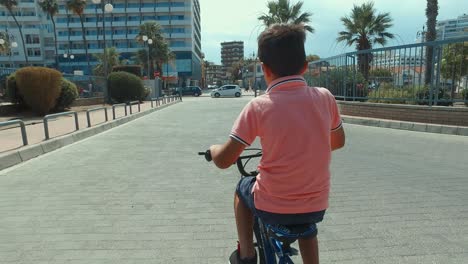 young boy riding his bike along the pier on a sunny excursion gimbal follow shot