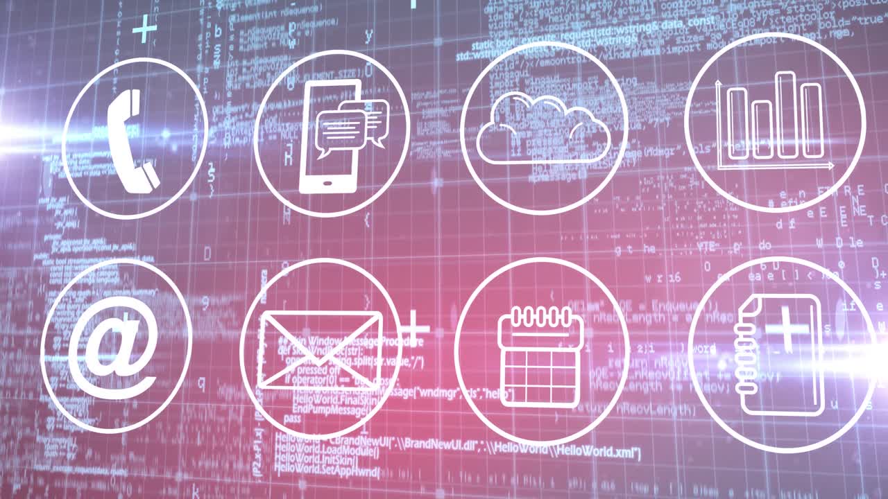 데이터 처리 및 그리드에 대한 여러 디지털 아이콘의 애니메이션