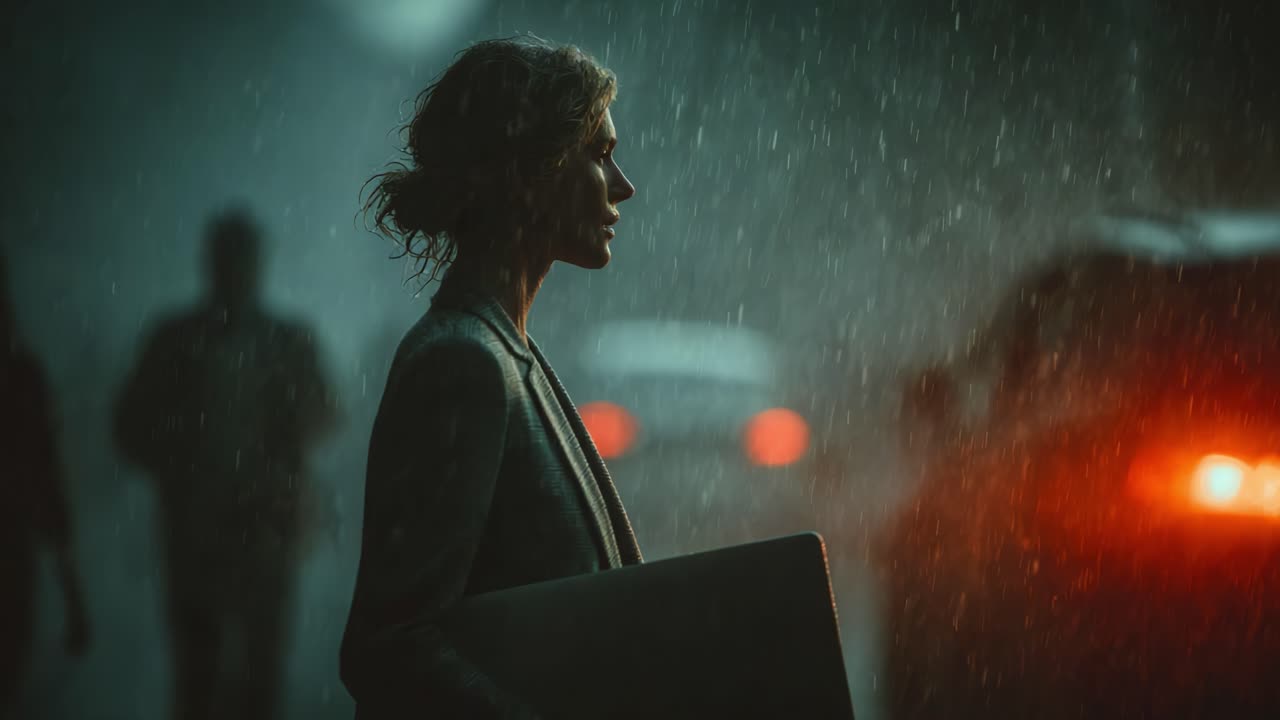 Amidst the Rainy Cityscape: A Woman with a Laptop Stands in Profile, Capturing the Surreal Atmosphere of Urban Life Under a Downpour and Neon Lights