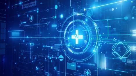 futuristic digital healthcare interface with medical cross and data