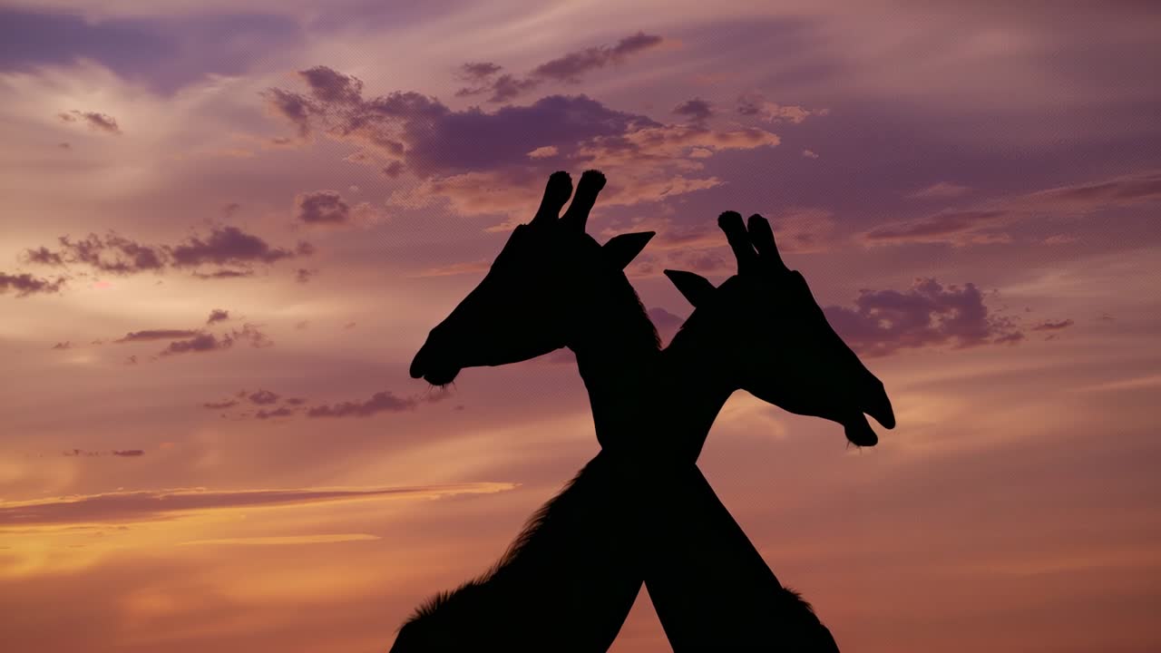Standing adult giraffes swaying necks on savanna at sunset, displaying social bonding
