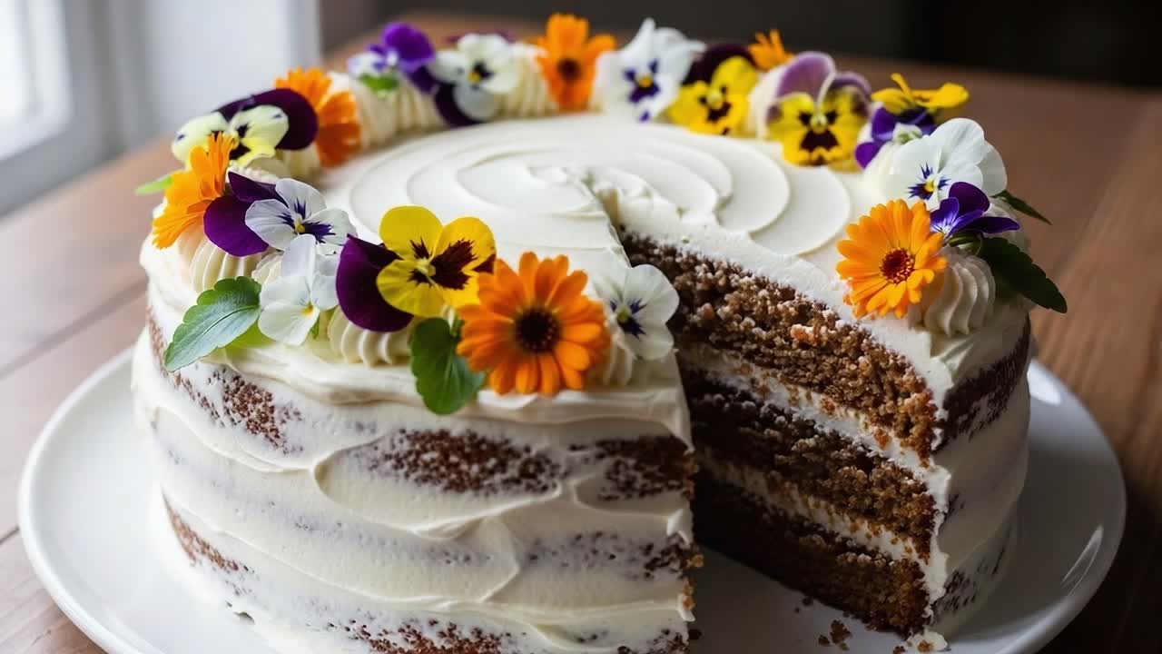 Una torta a strati splendidamente decorata con glassa alla crema e fiori freschi commestibili, perfetta per celebrazioni e occasioni speciali