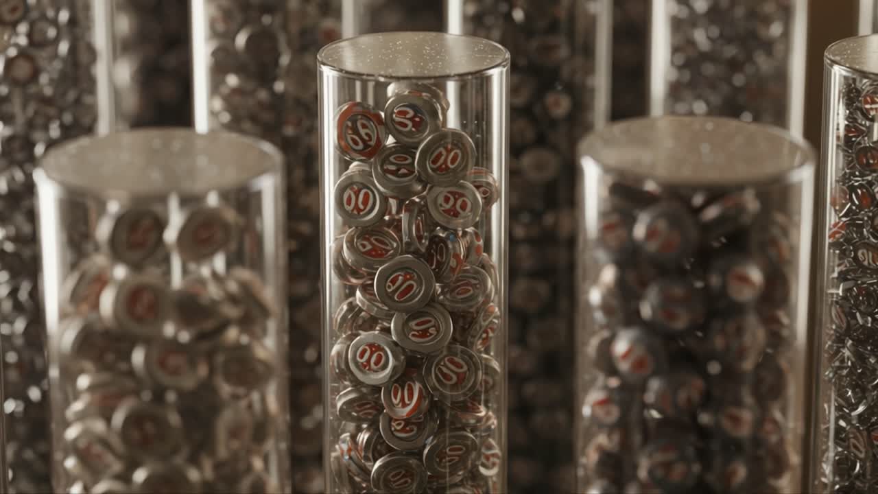 Intricate Close-up of Glass Containers Filled with Metallic Bottle Caps Displaying Unique Numbers, Showcasing the Art of Collecting and Preservation