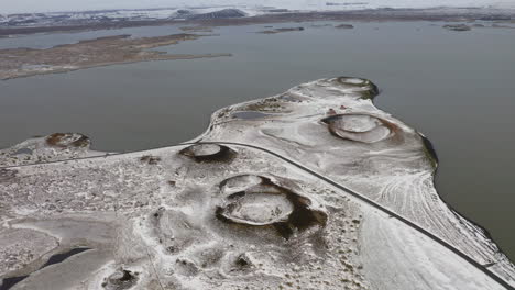 aerial view of pseudocraters near lake myvatn in northern iceland during a cloudy day