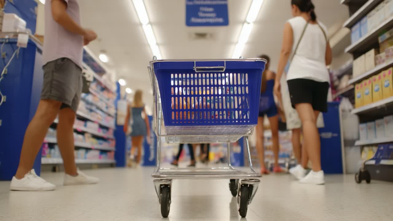 A Busy Shopping Aisle: Capturing the Essence of Consumer Activity with a Shopping Cart at the Forefront, Amidst Shoppers Engaged in Their Retail Experience
