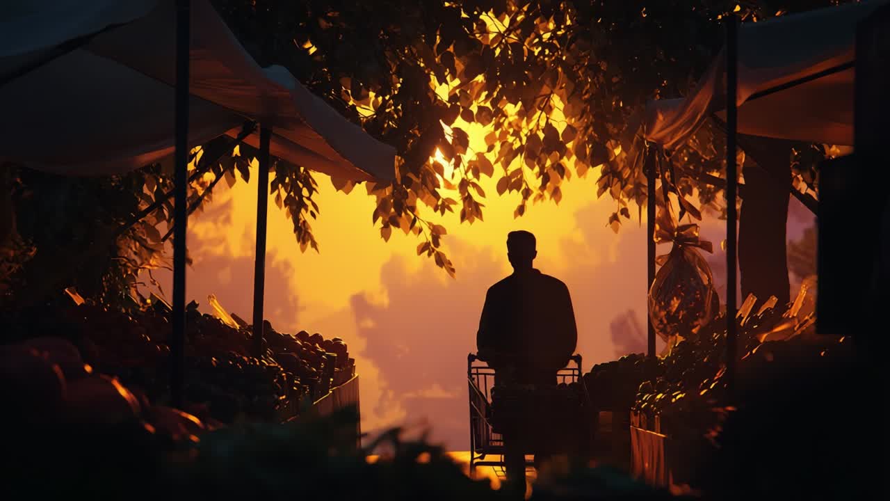 A solitary figure observes the enchanting sunset at a market, where shadows dance amidst vibrant produce, creating a serene and reflective atmosphere that captivates the senses and inspires contemplation